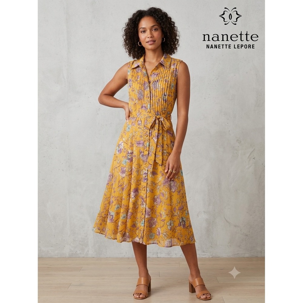 Nanette Nanette Lepore Mustard Yellow Floral Pintuck Sleeveless Midi Dress 8